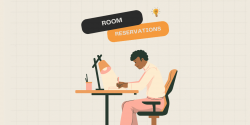 man studying at desk, image text reads "room reservations"