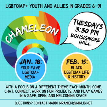 Flyer for Chameleon Winter 2022: Mondays: January 18 and February 15 at 3:30 pm in Bonsignore Hall