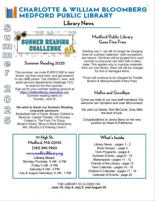 Medford Public Library Summer 2025 Newsletter, page 1.